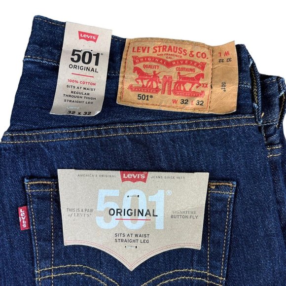 Levi's 501 Original Button Fly Dark Blue Denim Jeans Men's Sizes 32x32 - 36x32 - Picture 4 of 5